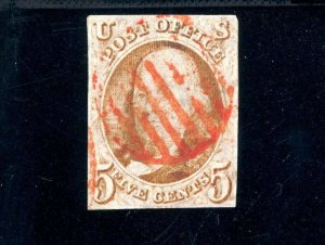 USAstamps Used FVF US 1847 Franklin 1st Stamp Scott 1 With Red Grid Cancel