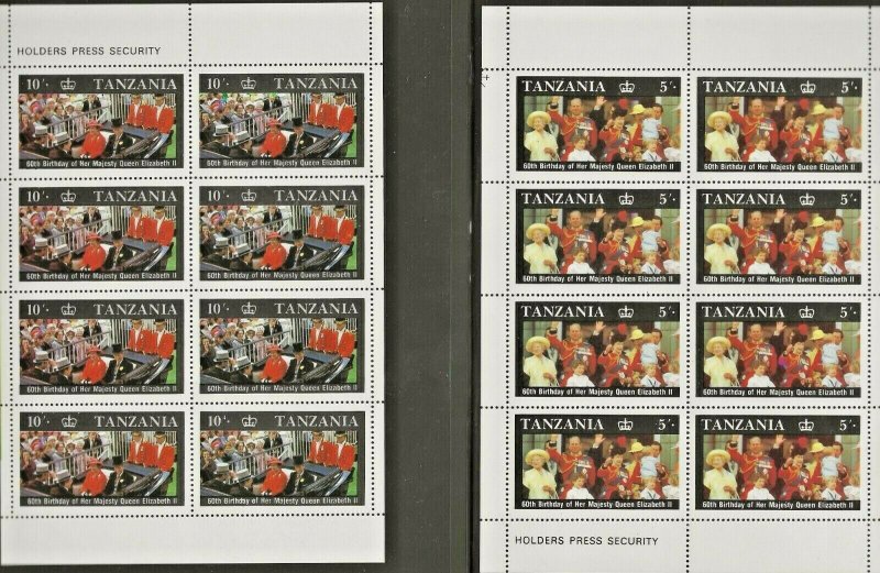 TANZANIA 1986 60TH BIRTHDAY QUEEN ELIZABETH,SHEETLETS OF 8 SETS PERF -BLOCKS