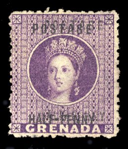 Grenada #8f (SG 21b) Cat£325, 1875 1/2p purple, double surcharge (poorly ink...