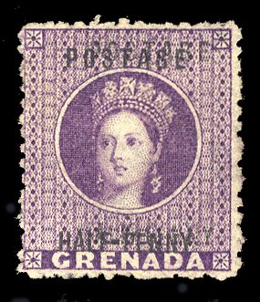 Grenada #8f (SG 21b) Cat£325, 1875 1/2p purple, double surcharge (poorly ink...