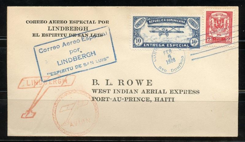 LINDBERGH FLIGHT COVER DOMINICAN REP FRANKED SCOTTs E1 & 235 TO HAITI BACKSTAMP