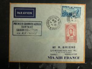 1938 Saigon Hanoi Vietnam Hong Kong FFC First Flight Cover 200 Flown Air France