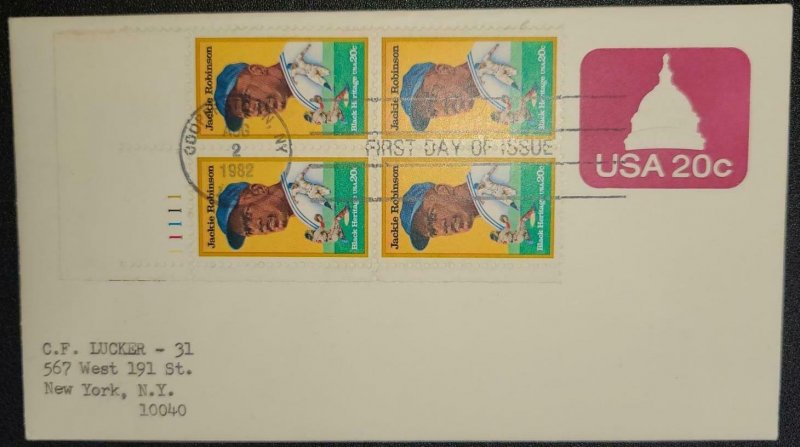 1982 First Day Cover Jackie Robinson #2016 Block New York Cancel on #U601 Mint