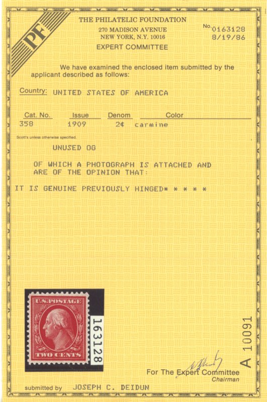 U.S. #358 MINT WITH PF CERT