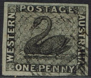 WESTERN AUSTRALIA 1854 SWAN 1D IMPERF USED 