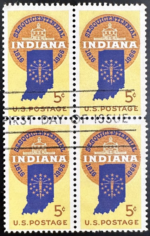 US #1308 Used F/VF Block of 4 w/FD Cancel - 5c Indiana 1966 [BB306]