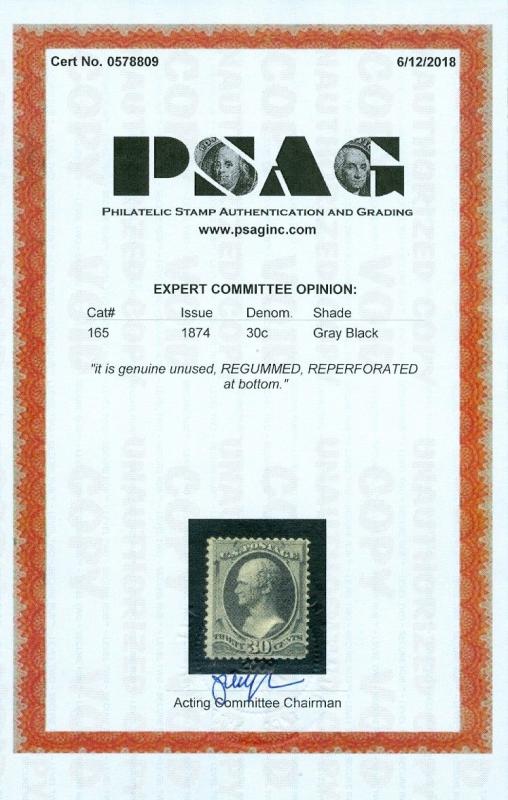 EDW1949SELL : USA 1874 Scott #165 Mint. Nice color. Reperfed PSAG Cert Cat $1300