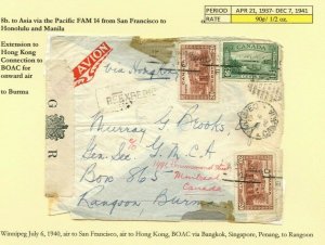 FAM14 Trans-Pacific 90c per 1/2 oz to RANGOON BURMA 1940 airmail cover Canada