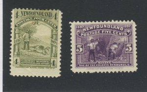 2x Newfoundland MH Stamps #64-4c Hunting F #65-5c Mining VF Guide Value = $23.00