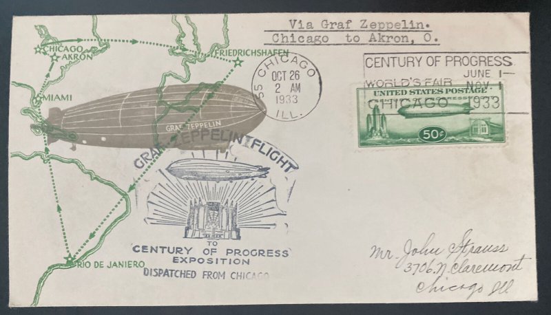 1933 Chicago IL USA LZ 127 Graf Zeppelin cover To Century Of Progress Exp #C18