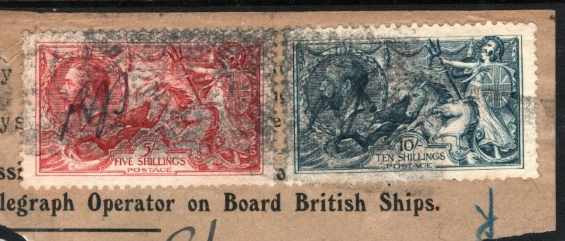 GB TELEGRAPHS Piece High Values SG.416+417 Seahorses ROLLER CANCEL c1923 E258