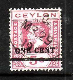 Ceylon-Sc#223a- id7-used 1c on 5c purple KGV-1918-