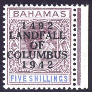 Bahamas 1942 KGVI 5s reddish lilac & blue (thin paper - CH) MLH. SG 174.