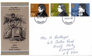 1971 Sg 884/6 Literary Anniversaries (2nd series) First Day Cover