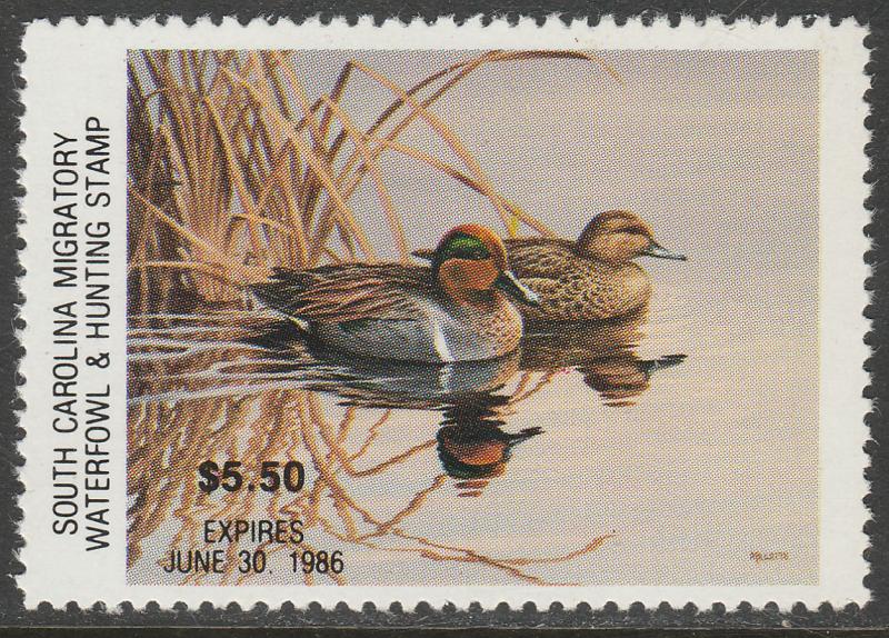 U.S.-SOUTH CAROLINA 5, STATE DUCK HUNTING PERMIT STAMP. MINT, NH. VF