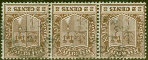 Mauritius 1910 2c Brown SG182w Wmk Inverted Fine Used Strip of 3 Scarce Multiple