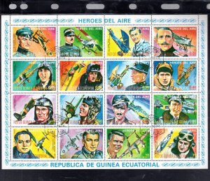 EQUATORIAL GUINEA 1974 AIR HEROES MINT VF NH O.G SHEET 16 CTO (119EQ)