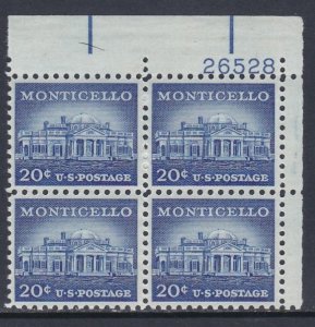 1047 Monticello Plate Block MNH