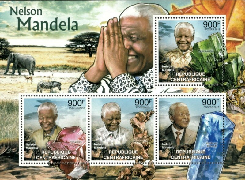 Central Africa 2012 - Nelson Mandela, Minerals - Sheet of 4 - MNH