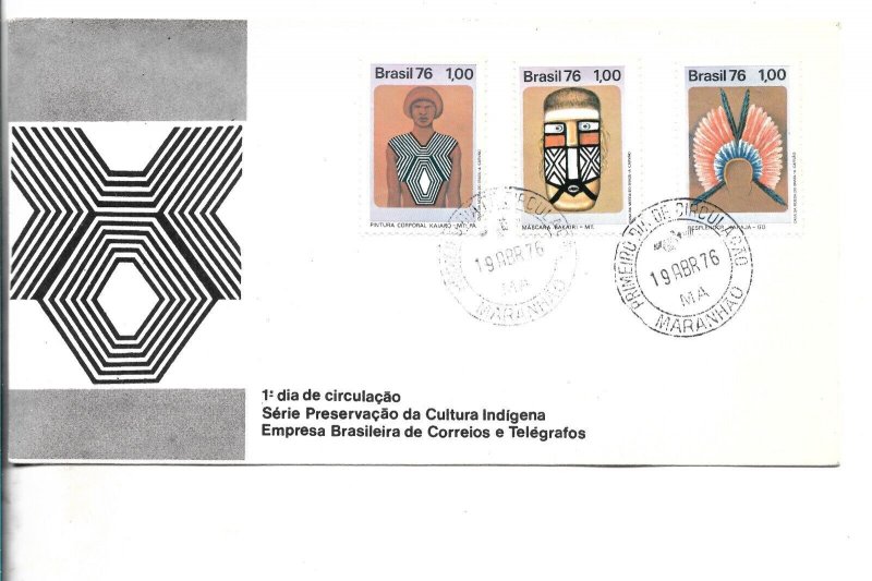 BRAZIL 1976 NATIVE AMERICAN ART & CULTUR SET OF 3 VALUES ON FIRST DAY COVER  FDC