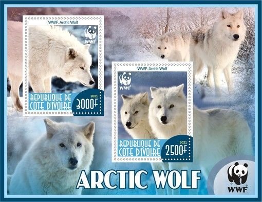 Stamps. Fauna Animals WWF Wolves  1+1 sheets perforated 2021 year Ivory Coast
