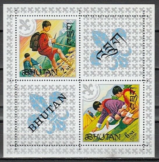 Bhutan, Scott cat. 139a. 60th Anniversary of Boy Scouts s/sheet. ^