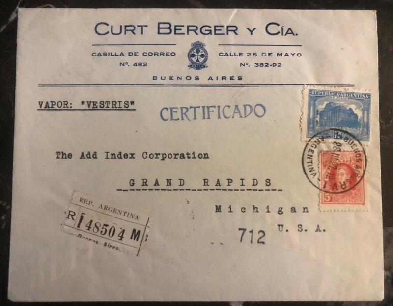 1927 Buenos Aires Argentina Commercial Registered Cover To Grand Rapids MI USA