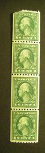 Scott 441, 1c Vert Washington, Strip of 4, MNH, one torn