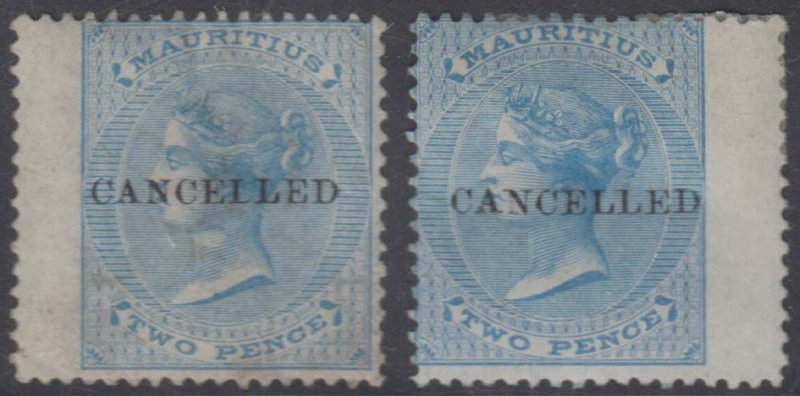 BC MAURITIUS 1863-72 QV Sc 33 SG 59 & 60 PALE & BRIGHT BLUE CANCELLED SCV$140 