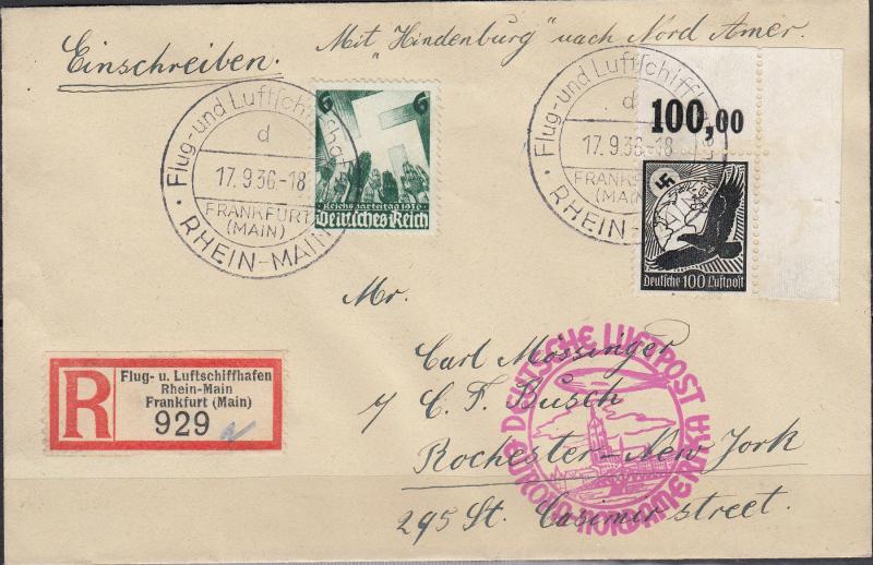 Germany - 17.9.1936 100pf Eagle on Zeppelin cover to New York (1479)