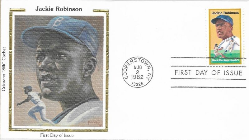 1982 FDC, #2016, 20c Jackie Robinson, Colorano Silk