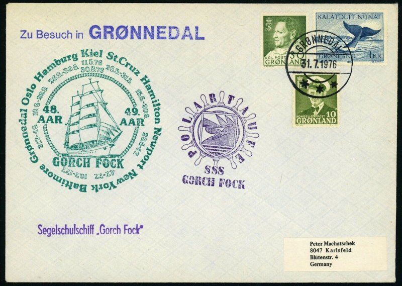 Greenland Grønnedal SSS Gorch Fock German Training Vessel Ship Cachet 1976 Cover 