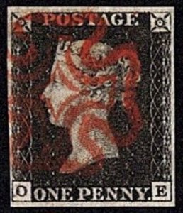 GBR SC #1 U (O,E) 1840 Queen Victoria 4 margins w/red MC cancel CV $370.00