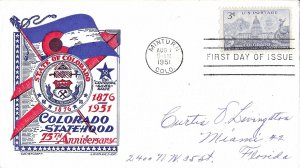 1951 FDC, #1001, 3c Colorado Statehood, CC/Staehle