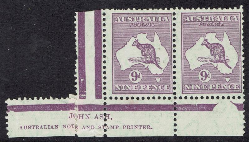 AUSTRALIA 1929 KANGAROO 9D IMPRINT GUTTER PAIR SMALL MULTI WMK 