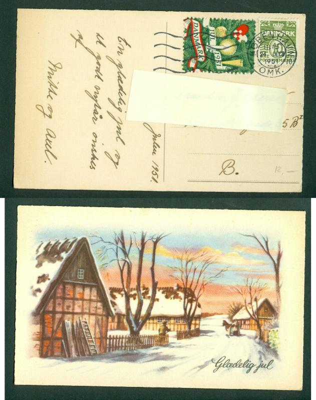 Denmark. Christmas Card 1951 With Seal + 10 Ore.Copenhagen.Farm,Man,Horse.24 Dec