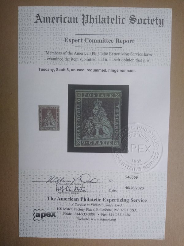 XL item Italy Tuscany 8 unused no gum APS cert CV $5250