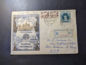 1950 Registered Burma Airmail Cover Syriam to San Antonio TX USA Royal Barge