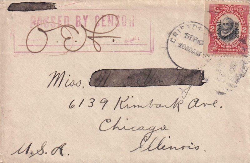 1918, Cristóbal, Canal Zone to Chicago, IL, Military Censored (C4520)