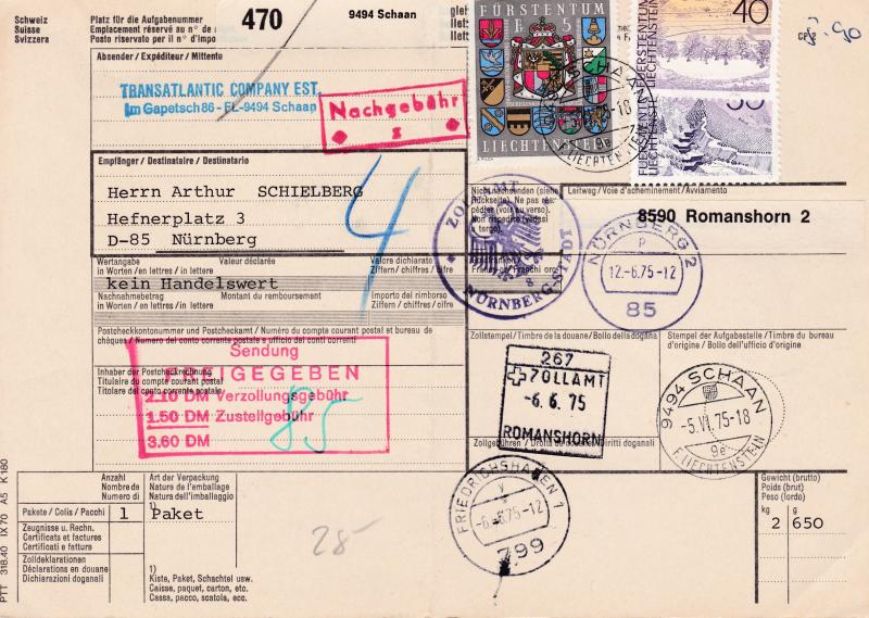 Liechtenstein 1975 5fr. Arms & Municipalities used on Customs Document in Schaan