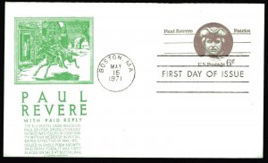 UY22 6c+6c Paul Revere postal reply card FDC Anderson green cachet May 15, 1971