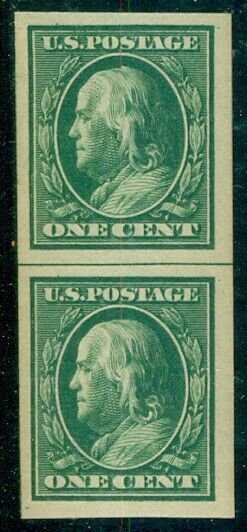 US #383v, 1¢ Imperf Vertical Coil GUIDE LINE PAIR, og, NH, XF