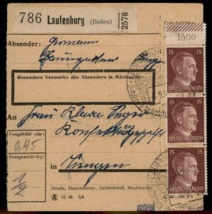 Germany 1944 15pf Margin Strip of 3 Parcel Card Cover Laufenburg G86861