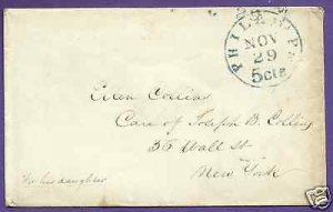 PHILADA, Pa.- NEW YORK   c1847  STAMPLESS COVER, NO CONTENT, US POSTAL HISTORY.