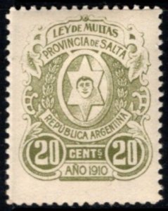 1910 Argentina Local Revenue 20 Centavos Province of Salta Fines Law Unused