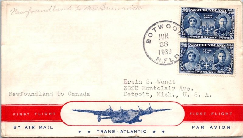 Newfoundland FFC 1939 - Airmail - Botwood NFLD To Shediac - F79243