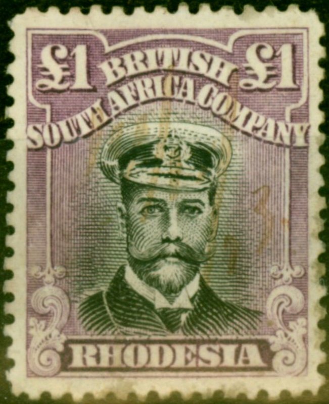 Rhodesia 1913 £1 Black & Violet SG243 Reduced Fiscal Cancel