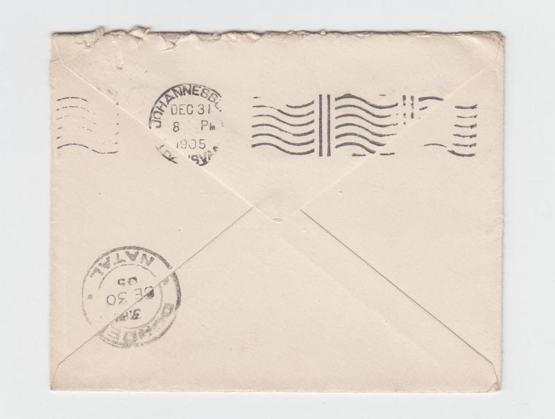 NATAL TO JO'BURG 1905 1d ENVELOPE, H&G#B4 (SEE BELOW) 