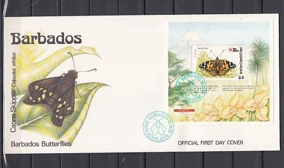 Barbados, Scott cat. 811. Painted Lady Butterfly s/sheet on a First day cover.