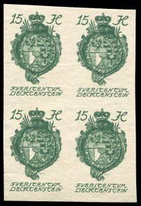 Liechtenstein #20P, 1920 15h imperf. trial color proof in green, block of fou...